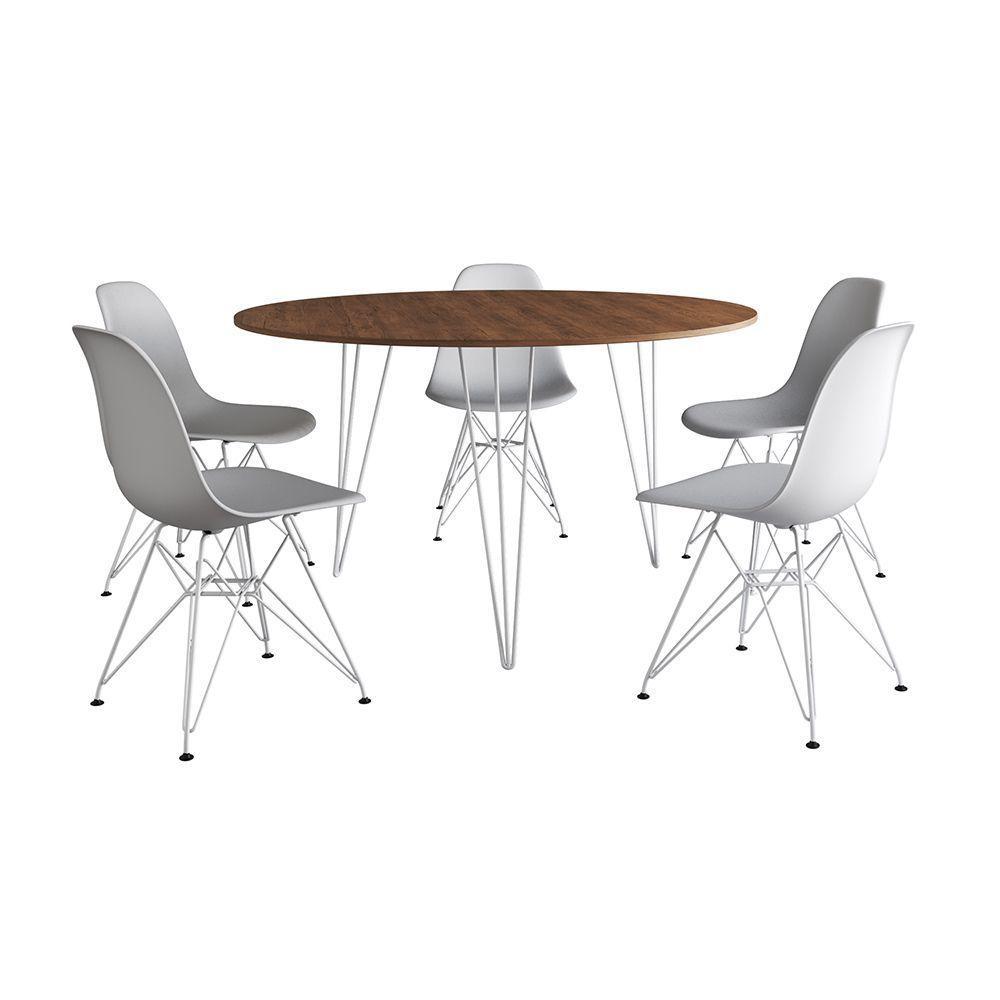 Mesa Jantar Redonda 110Cm Amêndoa Clips 3 Pés Com 5 Cadeiras Eames Eiffel Brancas Ferro Branco - 6