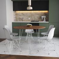 Mesa Jantar Redonda 110Cm Amêndoa Clips 3 Pés Com 5 Cadeiras Eames Eiffel Brancas Ferro Branco - 1