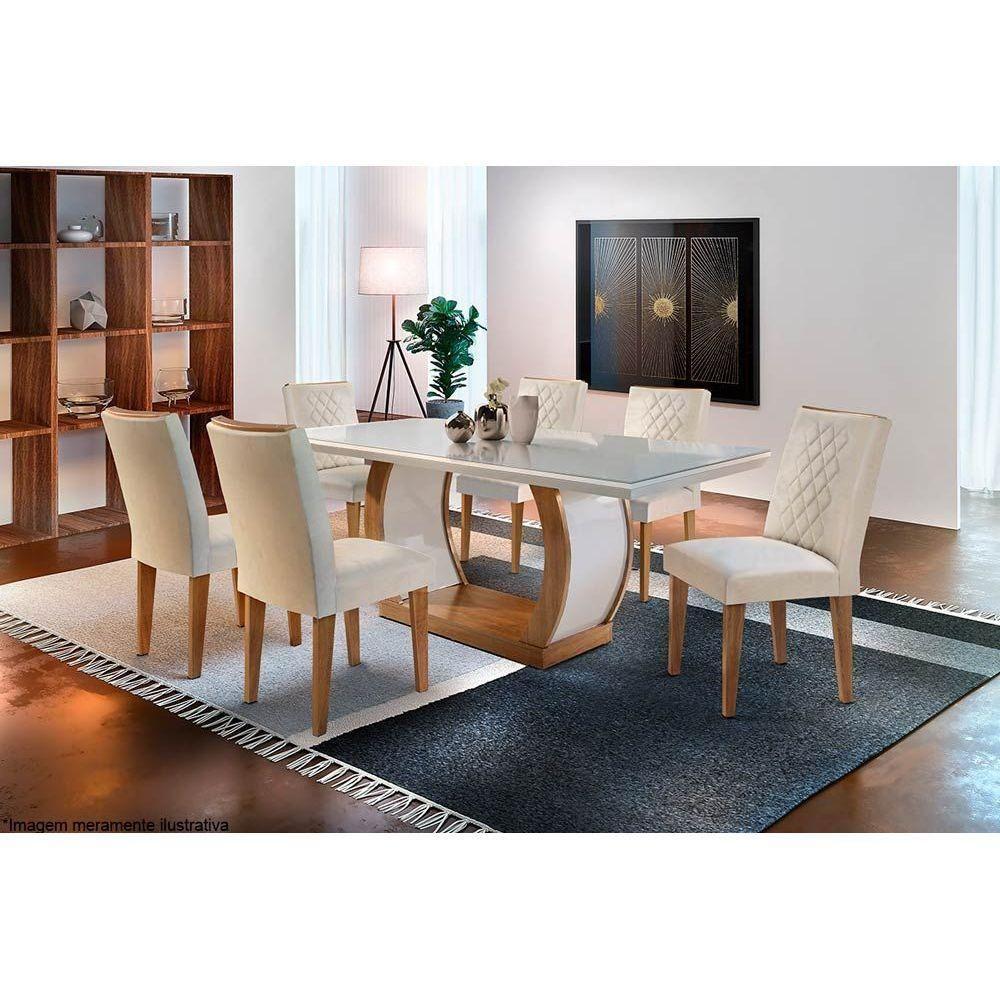 Conjunto: Mesa Sala Jantar Jade c/ Tampo Madeirado c/ Vidro Canto Reto 180cm + 6 Cadeiras Jade Imbuia/OW/Creme - Rufato - 1