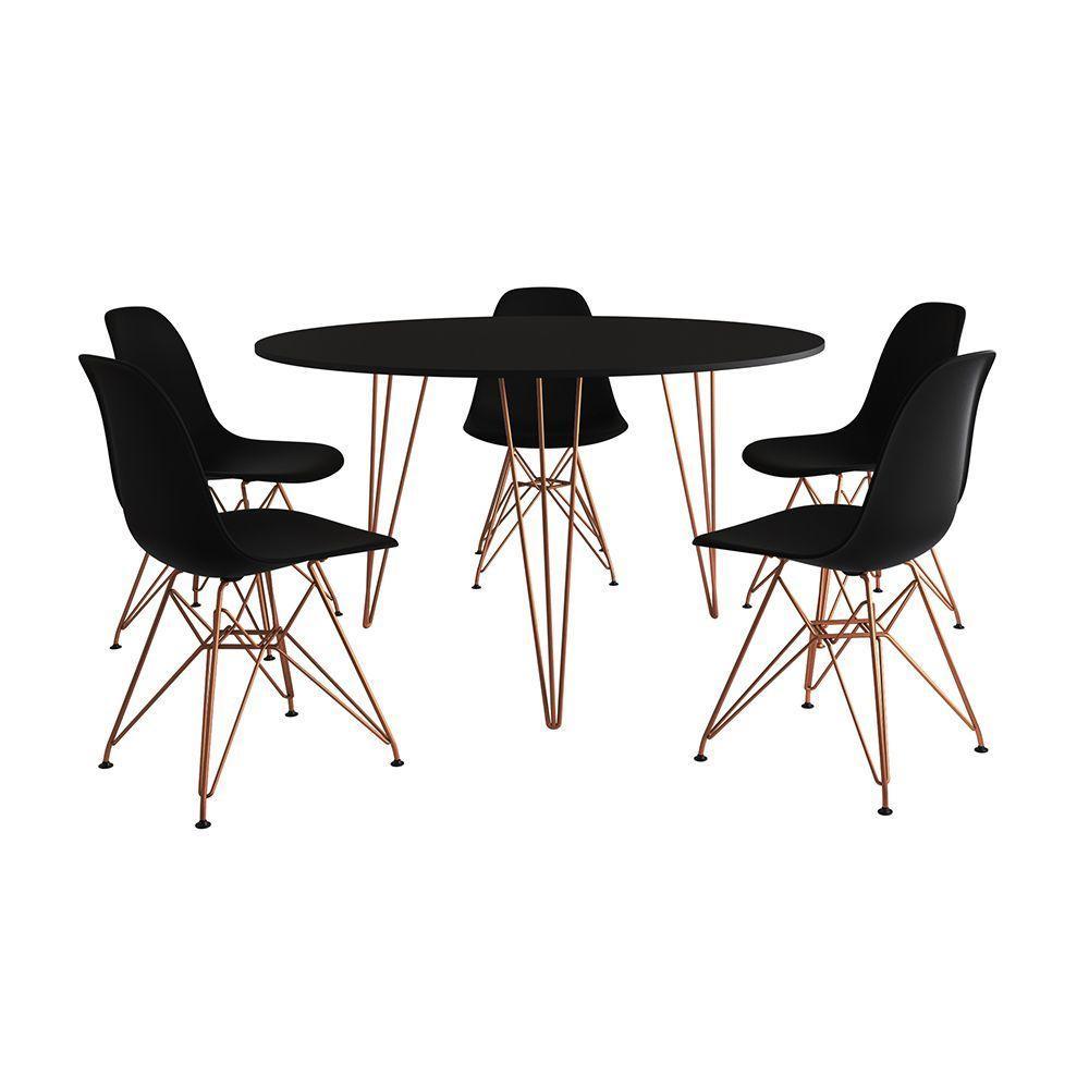 Mesa Jantar Redonda 110Cm Preta Clips 3 Pés Com 5 Cadeiras Eames Eiffel Pretas Base Cobre - 6