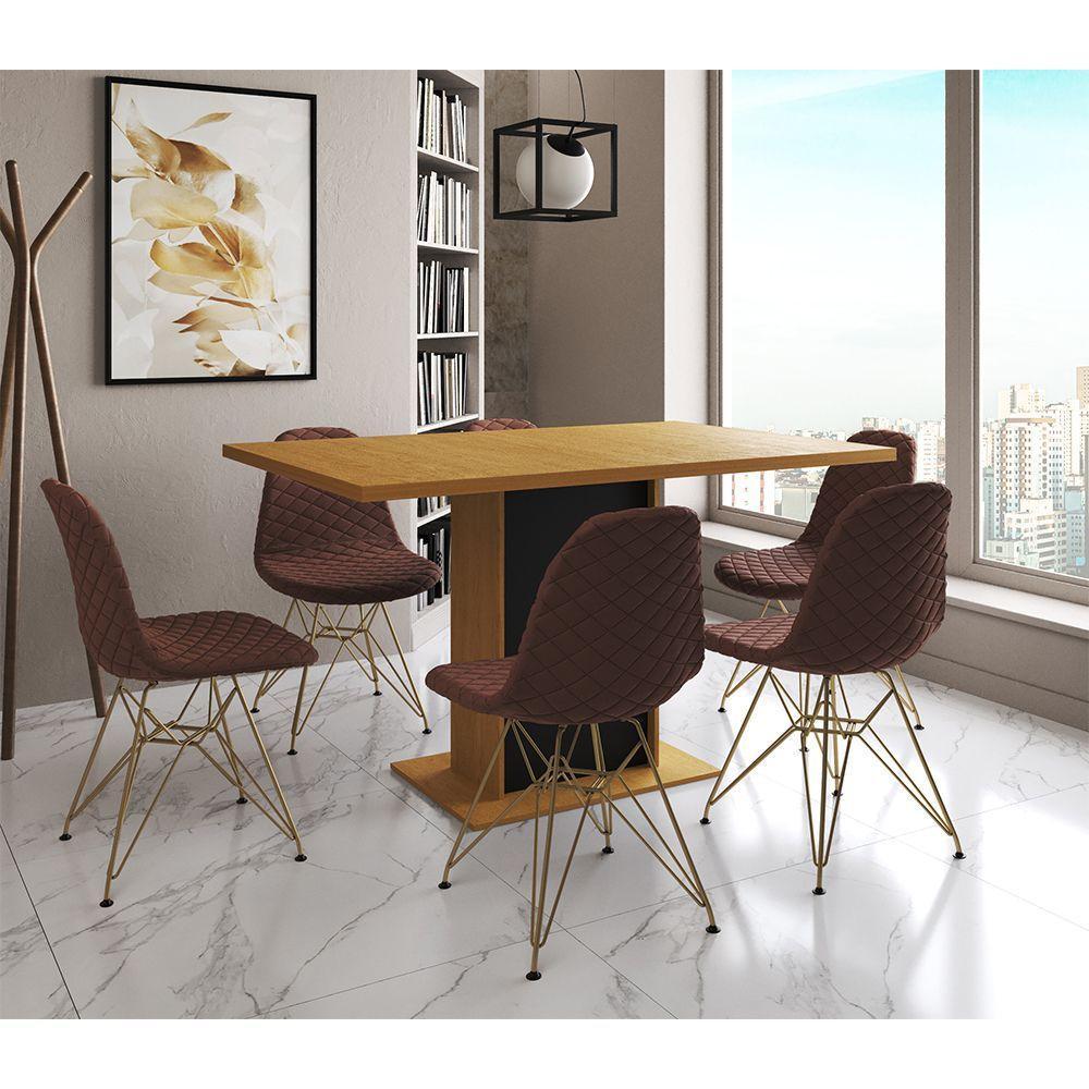 Mesa Jantar Londres Retangular Canela 137X90 Base Preta 6 Cadeiras Estofadas Caramelo Base Dourado - 1