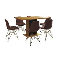 Mesa Jantar Londres Retangular Canela 137X90 Base Preta 6 Cadeiras Estofadas Caramelo Base Dourado - 6