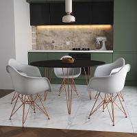 Mesa Jantar Redonda 110Cm Preta Clips 3 Pés Com 5 Poltronas Brancas Base Cobre Marrom - 1