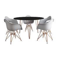 Mesa Jantar Redonda 110Cm Preta Clips 3 Pés Com 5 Poltronas Brancas Base Cobre Marrom - 6