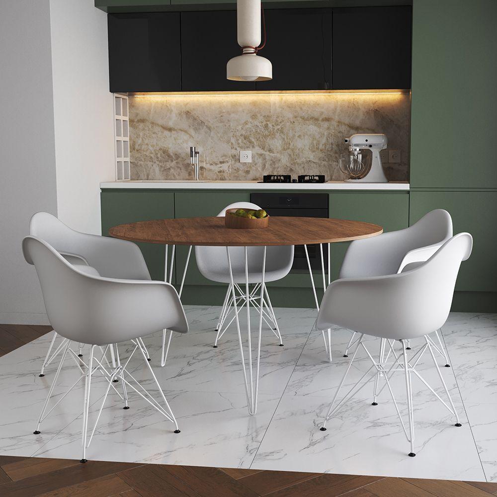 Mesa Jantar Redonda 110Cm Amêndoa Clips 3 Pés Com 5 Poltronas Brancas Ferro Branco Marrom - 1
