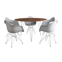Mesa Jantar Redonda 110Cm Amêndoa Clips 3 Pés Com 5 Poltronas Brancas Ferro Branco Marrom - 6