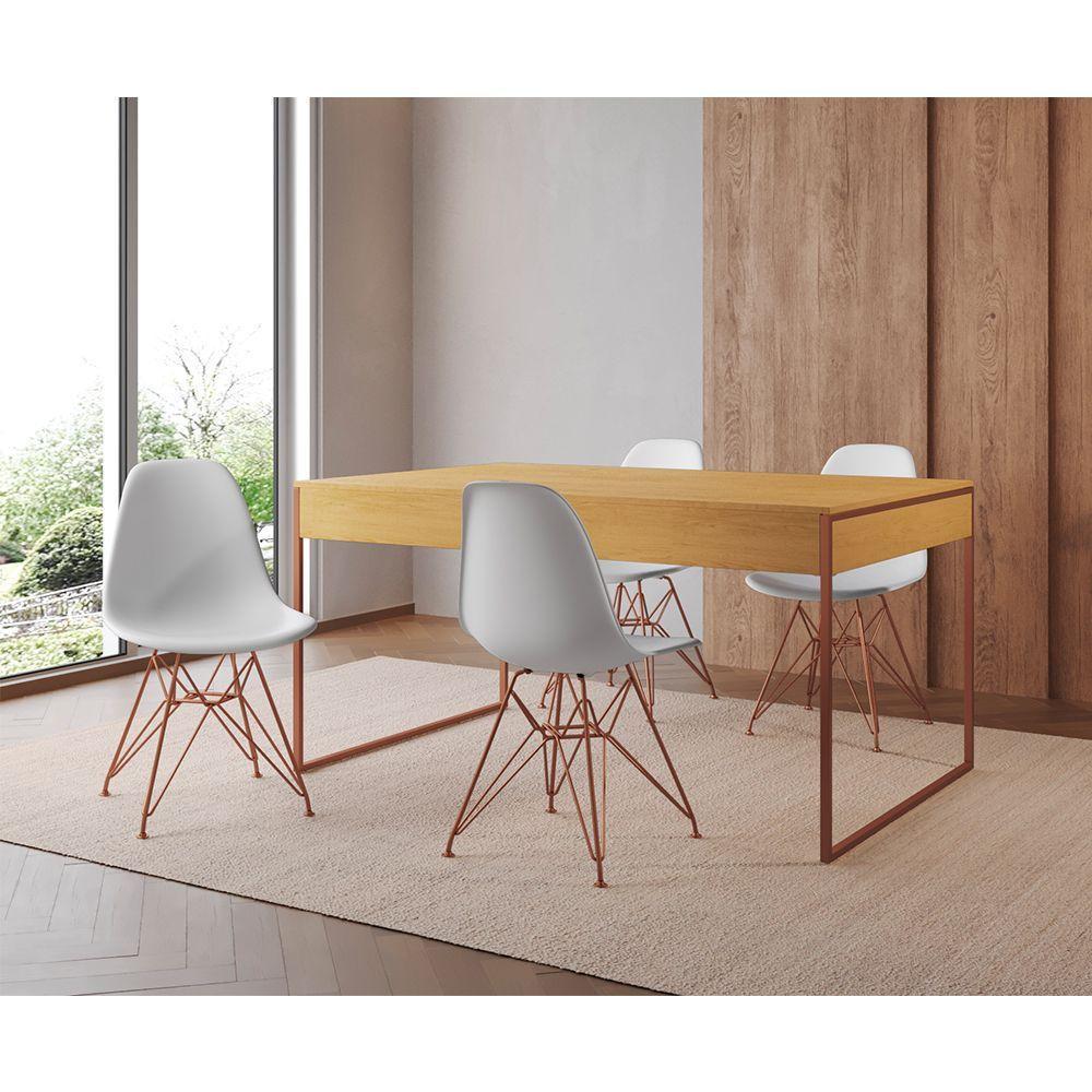 Mesa Jantar Industrial Retangular Filadélfia Canela 137X90Cm Com 4 Cadeiras Brancas Eames Base Cobre - 1