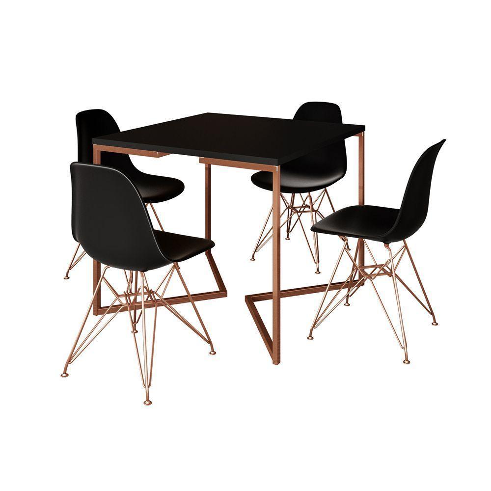 Mesa Jantar Industrial Quadrada 90Cm Preta Base Cobre V Com 4 Cadeiras Pretas Eames Eiffel Pés Cobre - 6
