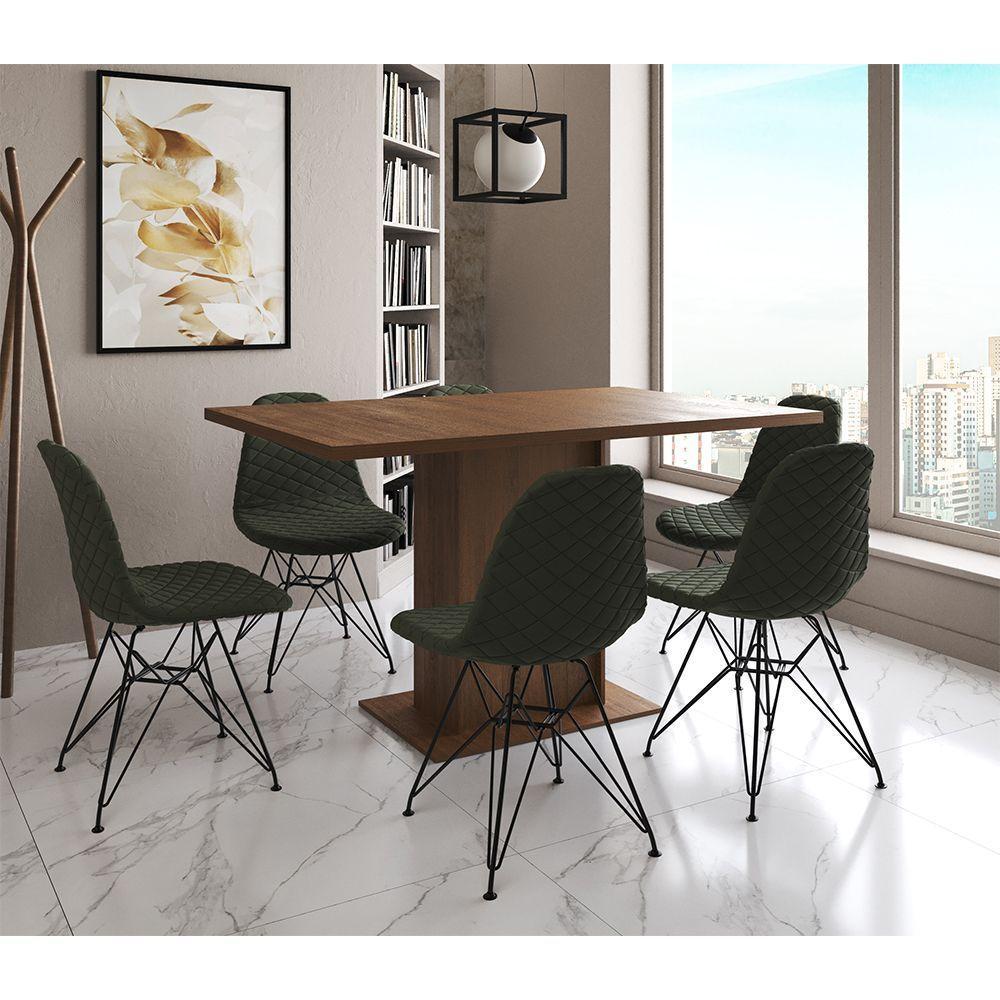 Mesa Jantar Londres Retangular Amêndoa 137X90Cm 6 Cadeiras Estofadas Verde Ferro Preto - 1