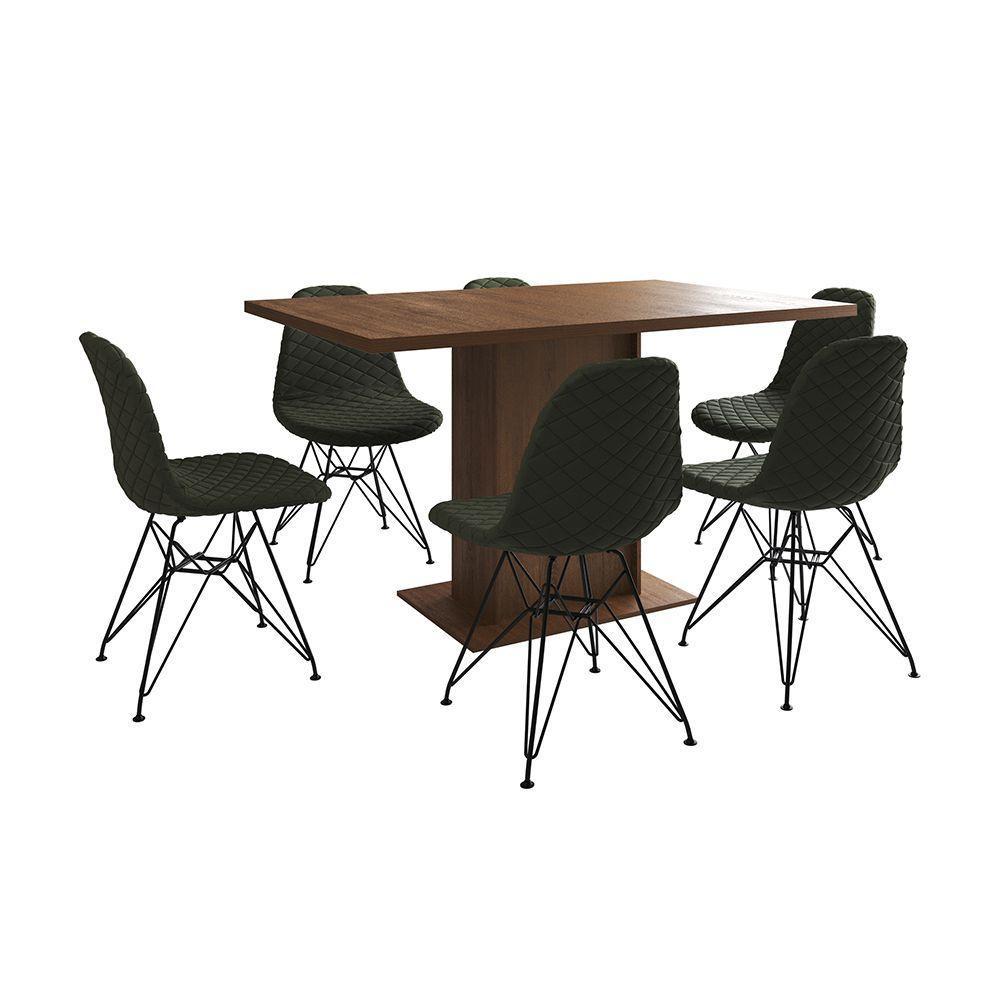 Mesa Jantar Londres Retangular Amêndoa 137X90Cm 6 Cadeiras Estofadas Verde Ferro Preto - 6