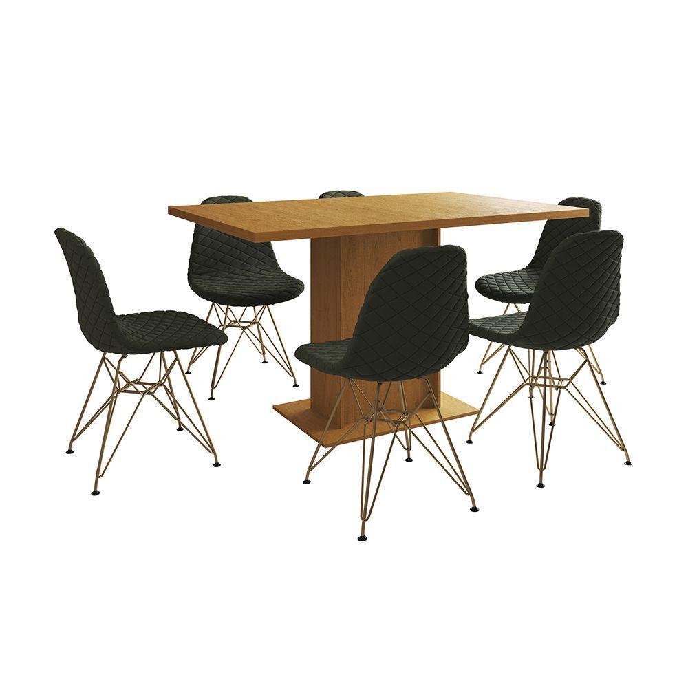 Mesa Jantar Londres Retangular Canela 137X90Cm 6 Cadeiras Estofadas Verde Base Dourado - 6