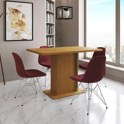 Mesa Jantar Londres Tampo Canela 120Cm 4 Cadeiras Ferro Branco Estofado Vermelho