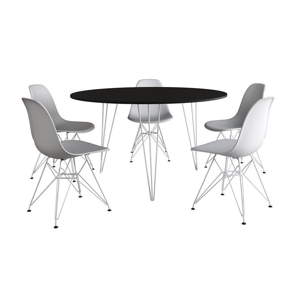 Mesa Jantar Redonda 110Cm Preta Clips 3 Pés Com 5 Cadeiras Eames Eiffel Brancas Ferro Branco - 8