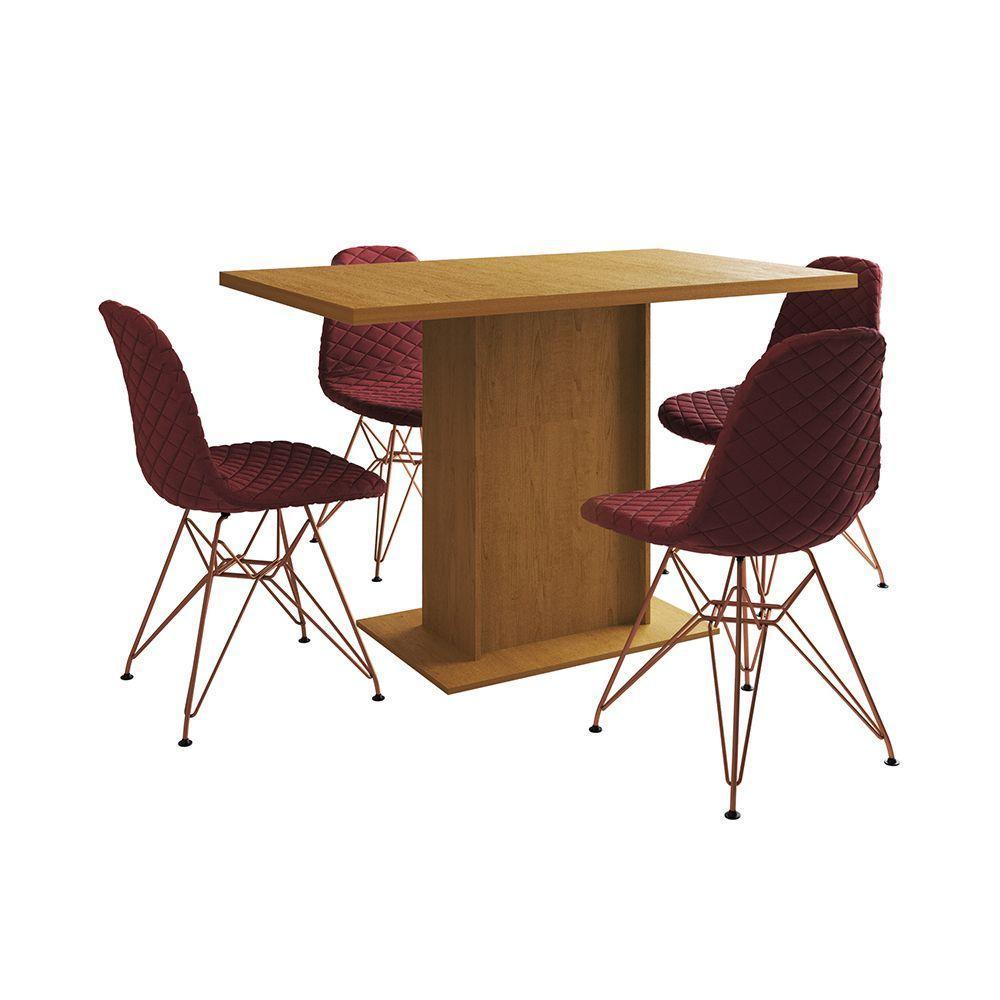 Mesa Jantar Londres Tampo Canela 120Cm 4 Cadeiras Base Cobre Estofado Vermelho - 6