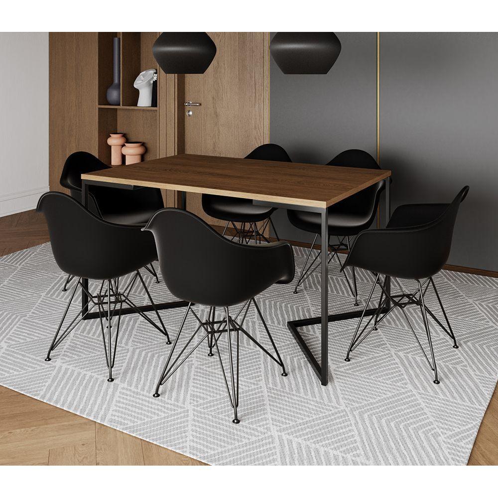 Mesa Jantar Industrial Retangular Amêndoa 137X90Cm Base V Com 6 Poltronas Pretas Ferro Marrom - 3