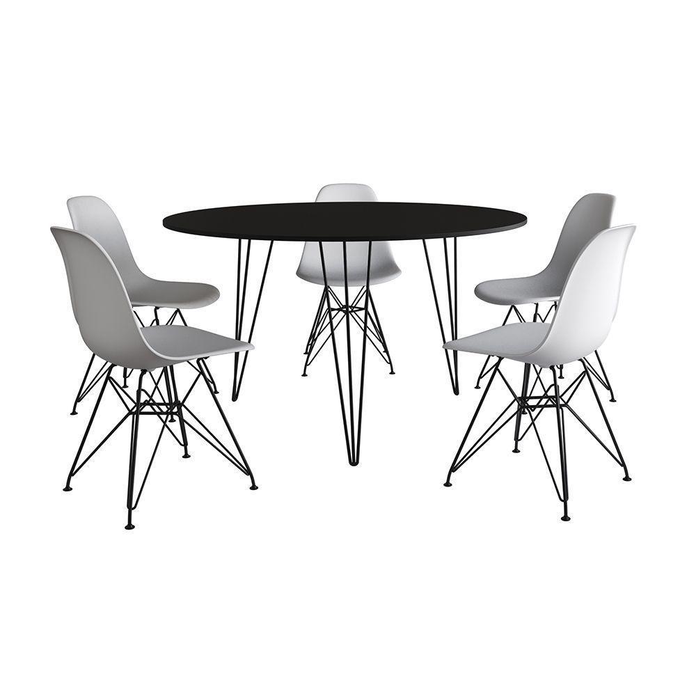 Mesa Jantar Redonda 110Cm Preta Clips 3 Pés Com 5 Cadeiras Eames Eiffel Brancas Ferro Preto - 6