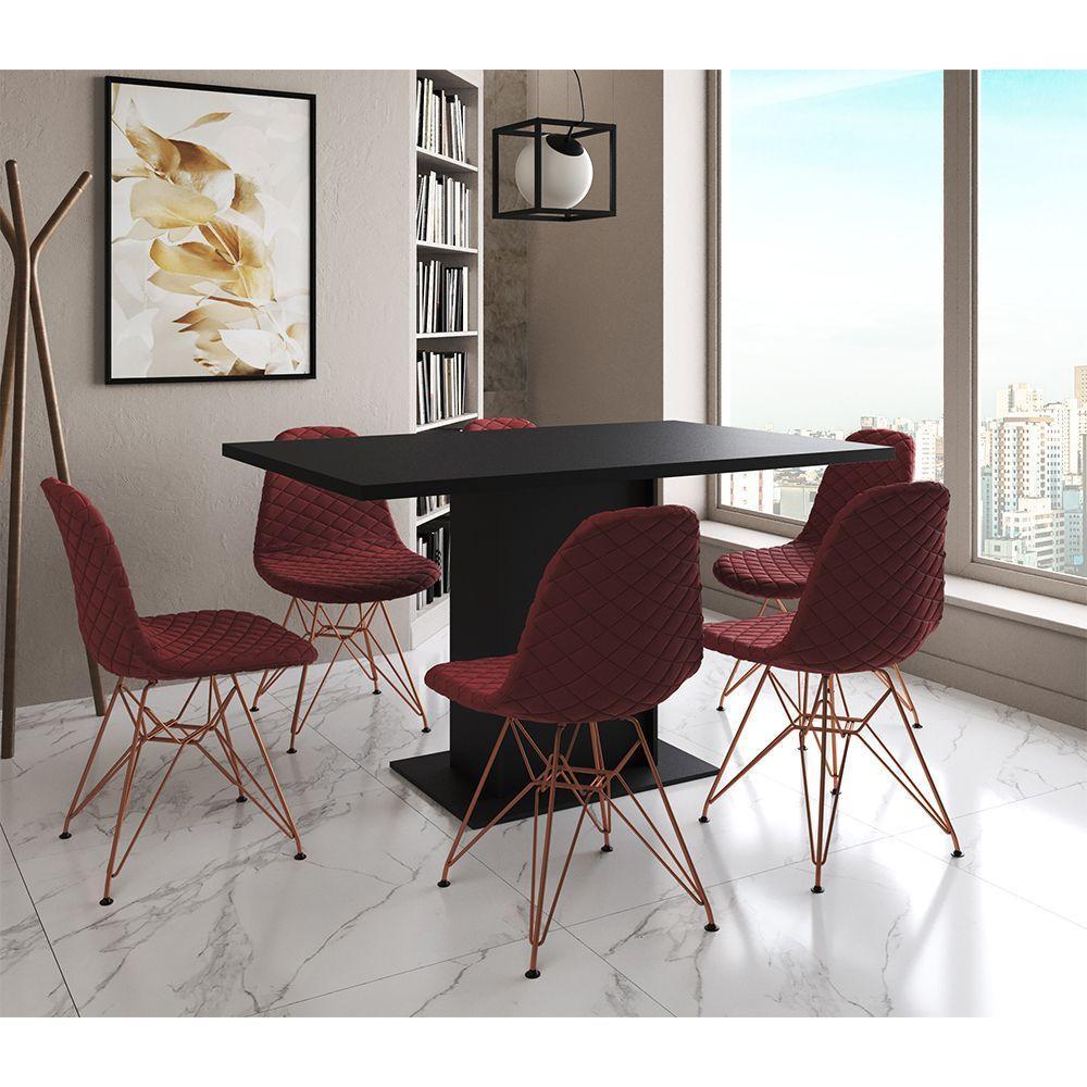 Mesa Jantar Londres Retangular Preta137X90Cm 6 Cadeiras Estofadas Vermelho Base Cobre - 1