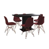 Mesa Jantar Londres Retangular Preta137X90Cm 6 Cadeiras Estofadas Vermelho Base Cobre - 6