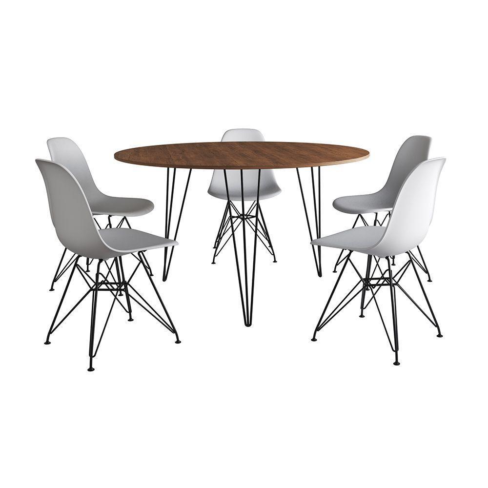 Mesa Jantar Redonda 110Cm Amêndoa Clips 3 Pés Com 5 Cadeiras Eames Eiffel Brancas Ferro Preto - 6