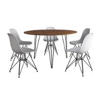 Mesa Jantar Redonda 110Cm Amêndoa Clips 3 Pés Com 5 Cadeiras Eames Eiffel Brancas Ferro Preto - 6