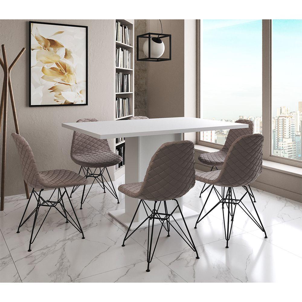 Mesa Jantar Londres Retangular Branca137X90 6 Cadeiras Estofadas Nude Médio Ferro Preto - 1