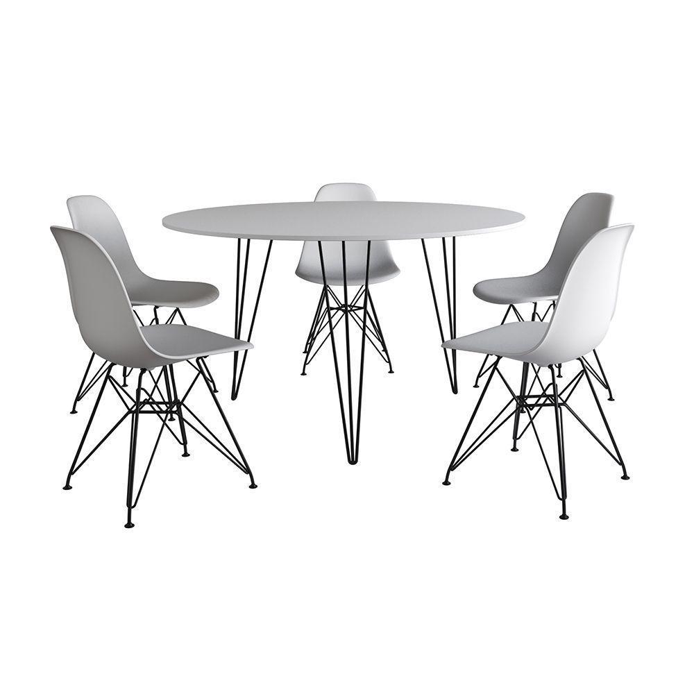 Mesa Jantar Redonda 110Cm Branca Clips 3 Pés Com 5 Cadeiras Eames Eiffel Brancas Ferro Preto - 6
