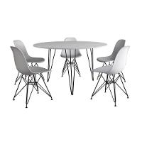 Mesa Jantar Redonda 110Cm Branca Clips 3 Pés Com 5 Cadeiras Eames Eiffel Brancas Ferro Preto - 6
