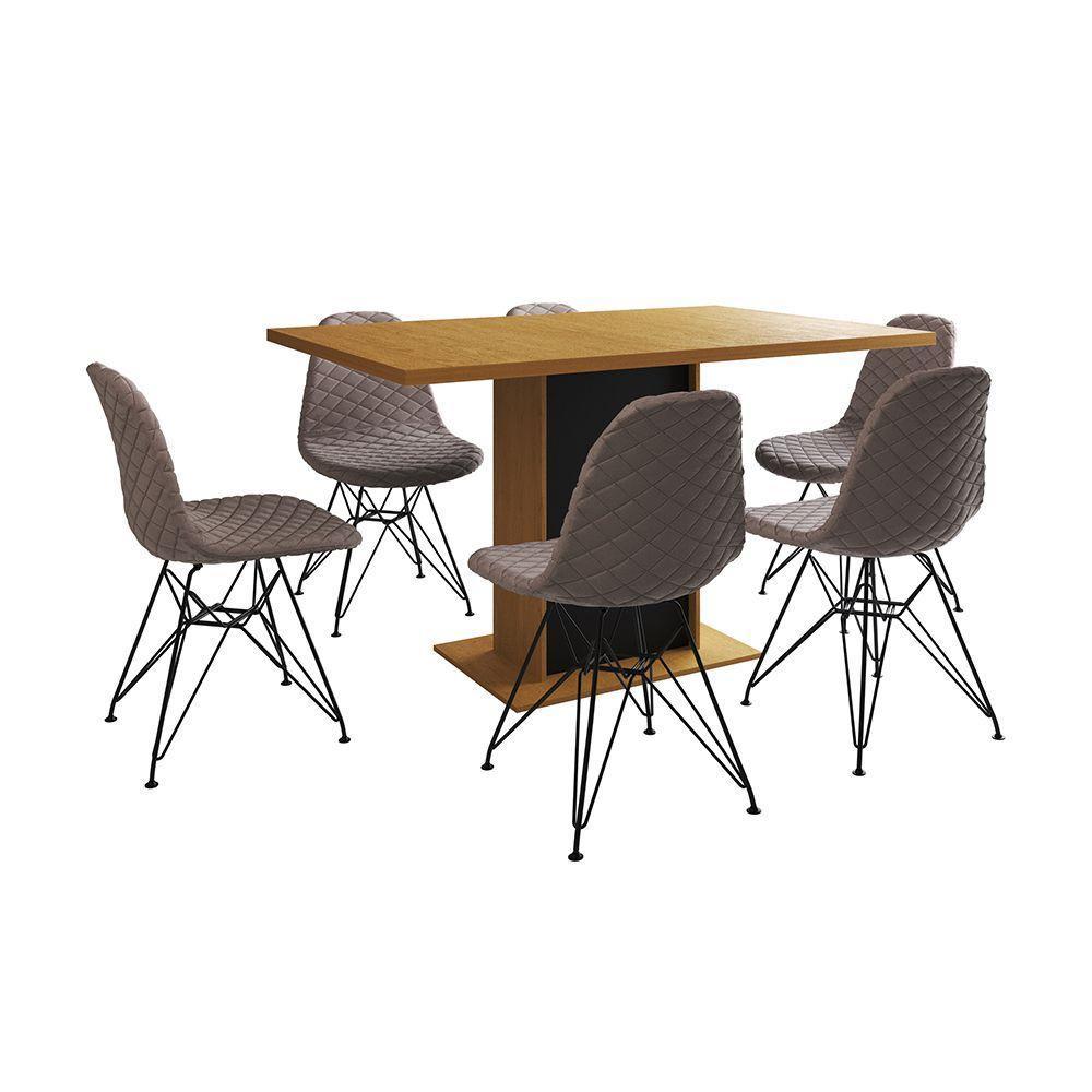 Mesa Jantar Londres Retangular Canela 137X90 Base Preta 6 Cadeiras Estofadas Nude Médio Ferro Preto - 6