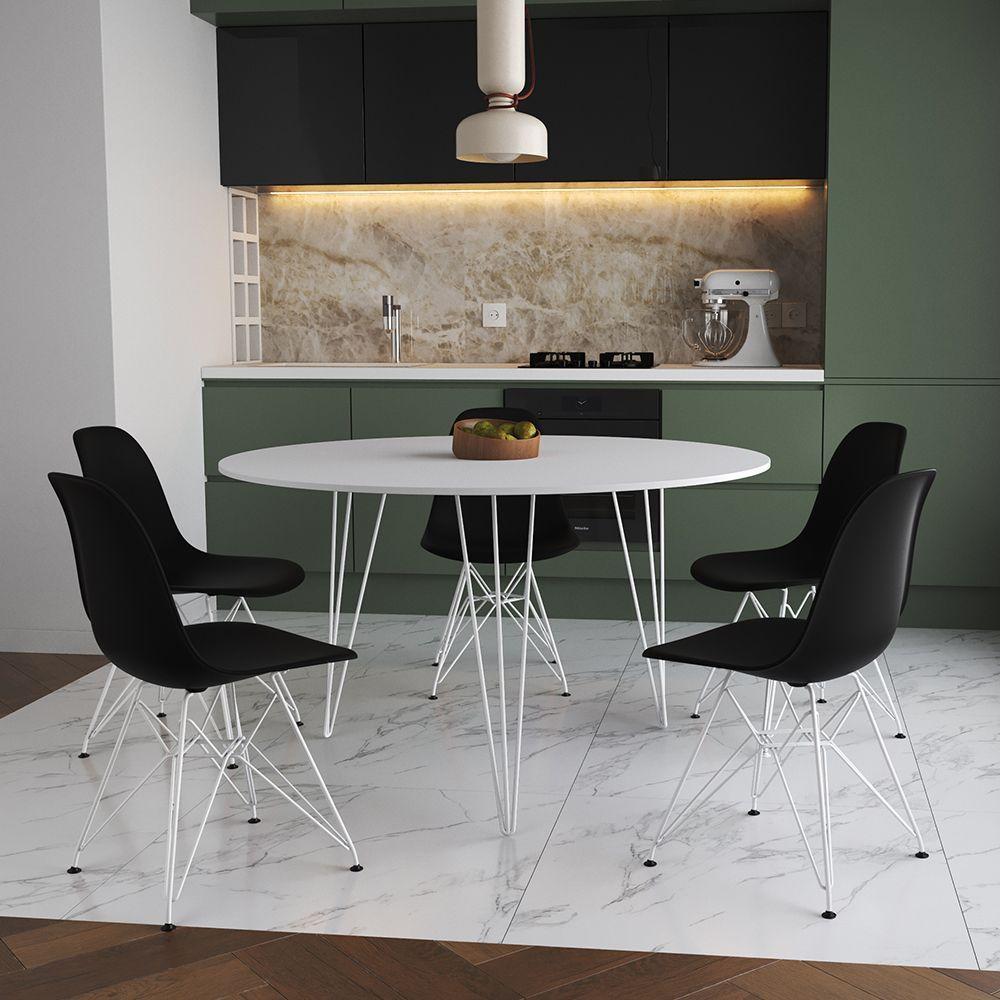 Mesa Jantar Redonda 110Cm Branca Clips 3 Pés Com 5 Cadeiras Eames Eiffel Pretas Ferro Branco - 1