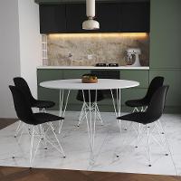 Mesa Jantar Redonda 110Cm Branca Clips 3 Pés Com 5 Cadeiras Eames Eiffel Pretas Ferro Branco - 1