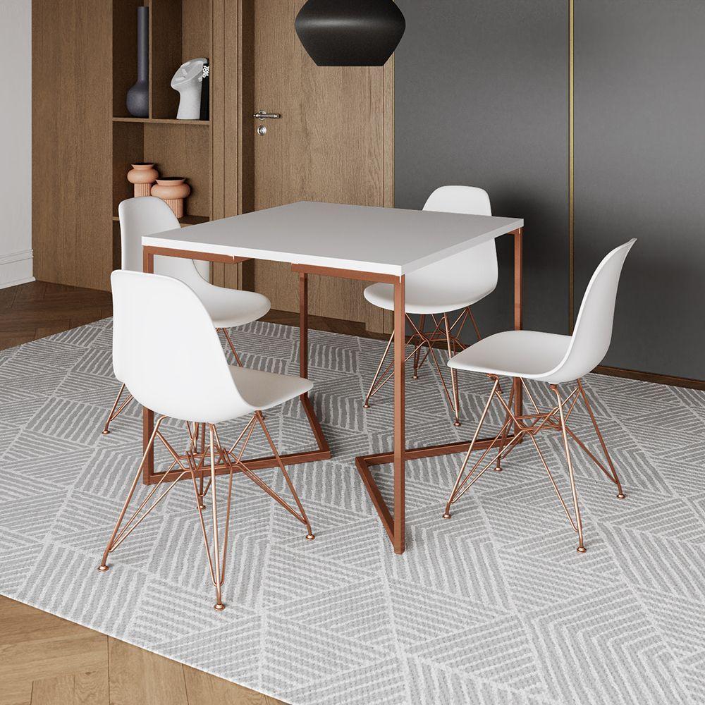Mesa Jantar Industrial Quadrada 90Cm Branca Base Cobre V Com 4 Cadeiras Brancas Eames Eiffel Pés Cob - 1