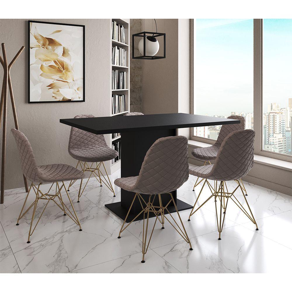 Mesa Jantar Londres Retangular Preta 137X90Cm 6 Cadeiras Estofadas Nude Médio Base Dourado - 1