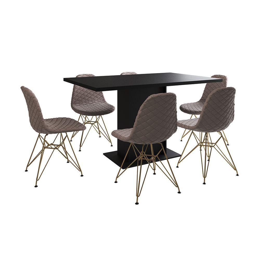 Mesa Jantar Londres Retangular Preta 137X90Cm 6 Cadeiras Estofadas Nude Médio Base Dourado - 6
