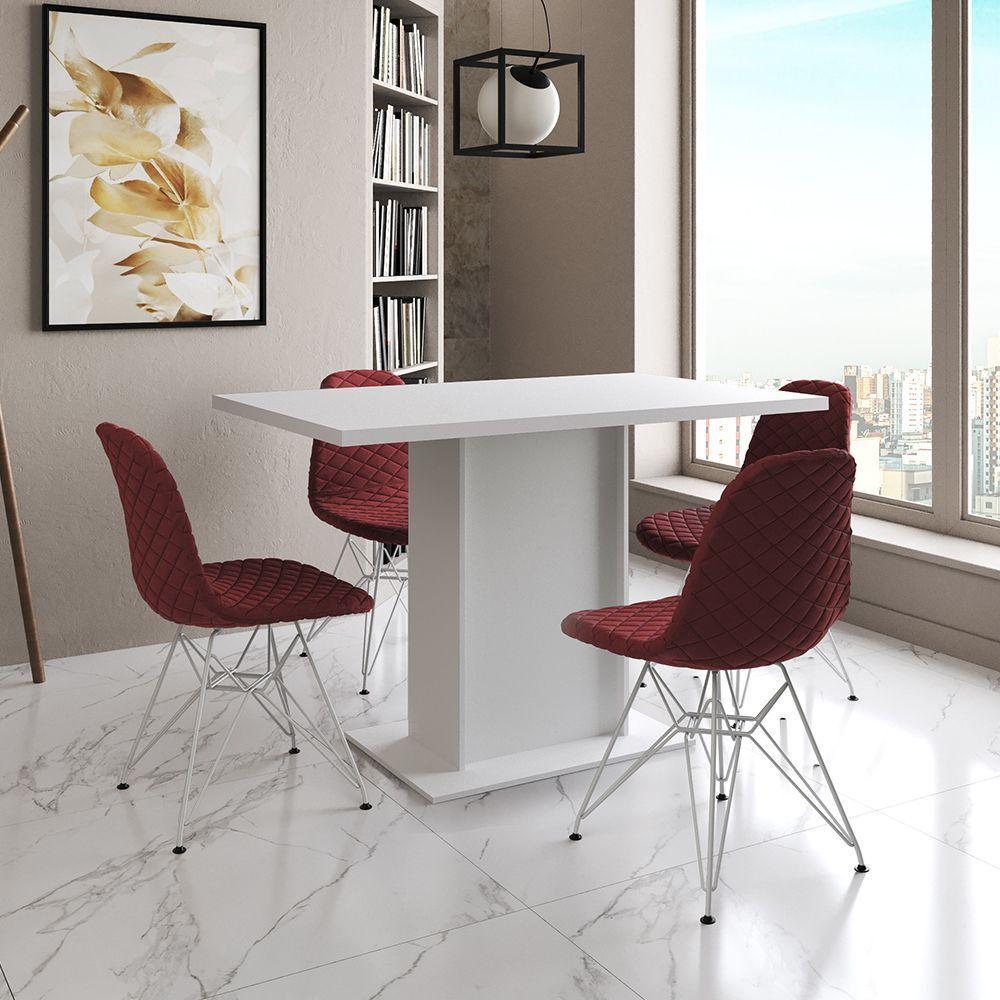 Mesa Jantar Londres Tampo Branco 120Cm 4 Cadeiras Ferro Branco Estofado Vermelho - 1