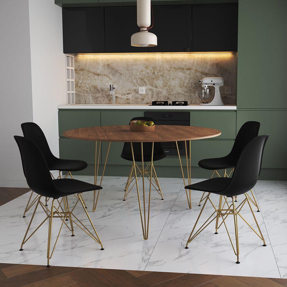 Mesa Jantar Redonda 110Cm Amêndoa Clips 3 Pés Com 5 Cadeiras Eames Eiffel Pretas Base Dourada - 1