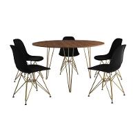 Mesa Jantar Redonda 110Cm Amêndoa Clips 3 Pés Com 5 Cadeiras Eames Eiffel Pretas Base Dourada - 6