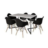 Mesa Jantar Industrial Branca Retangular 137X90Cm Base V Ferro Preto Com 6 Poltronas Pr Marrom - 6