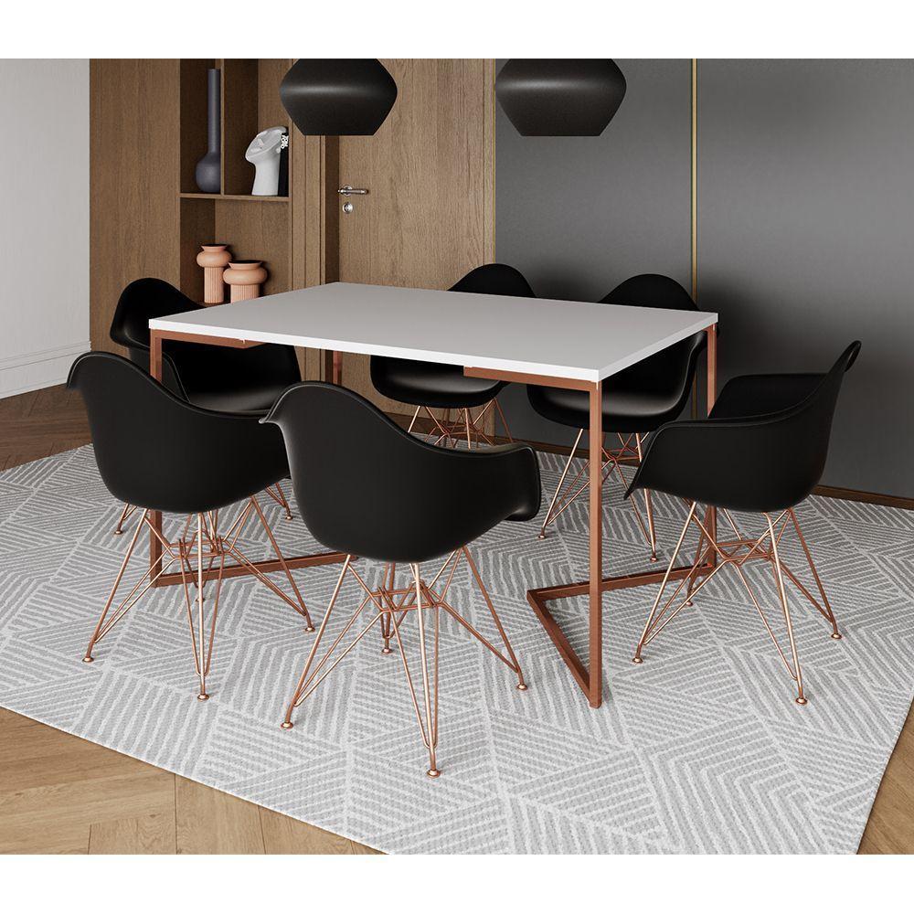 Mesa Jantar Industrial Retangular Branca 137X90Cm Base V Cobre Com 6 Poltronas Pretas B Marrom - 1