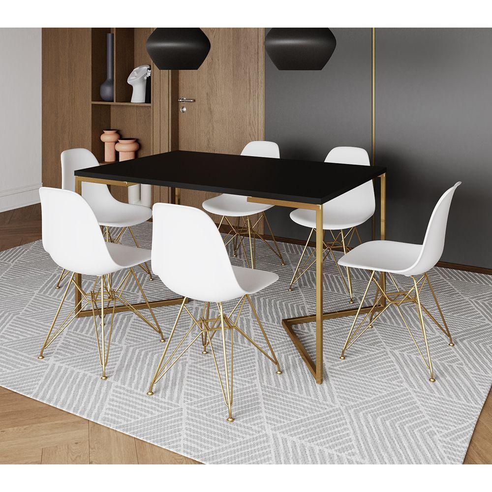 Mesa Jantar Industrial Retangular 137X90Cm Preta Base V Com 6 Cadeiras Eames Eiffel Brancas Base Dou - 1