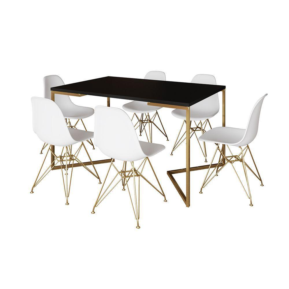 Mesa Jantar Industrial Retangular 137X90Cm Preta Base V Com 6 Cadeiras Eames Eiffel Brancas Base Dou - 6