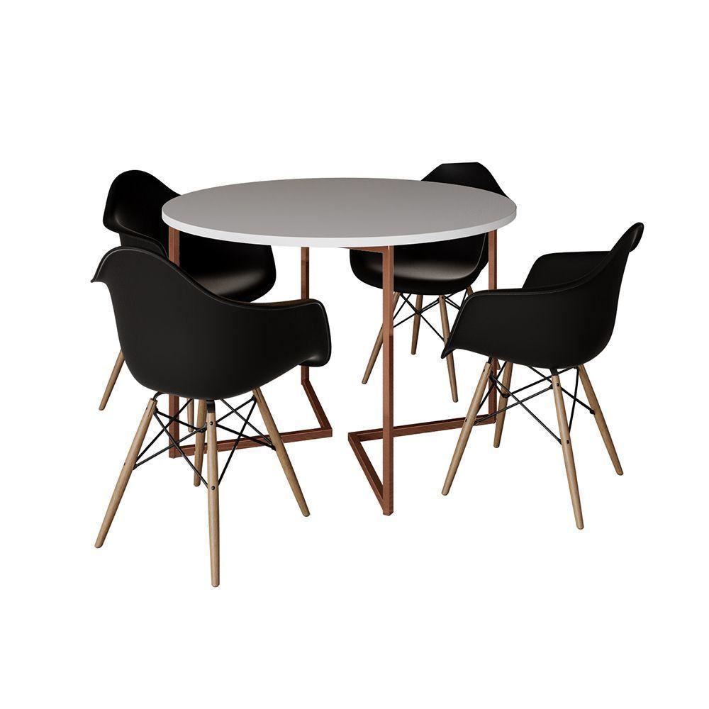 Mesa Jantar Industrial Branca 110Cm Redonda Base V Cobre Com 4 Poltronas Pretas Madeira Marrom - 6