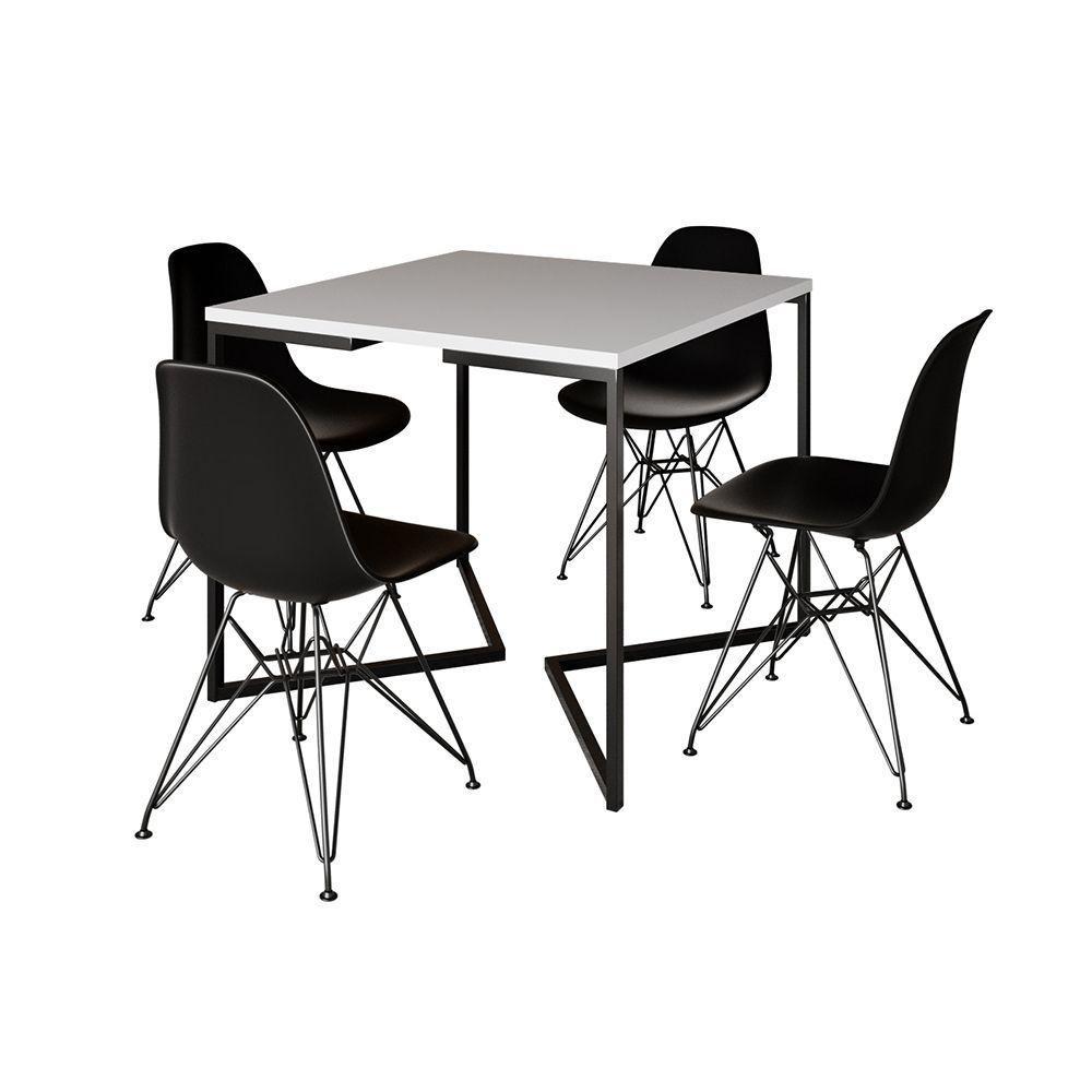 Mesa Jantar Industrial Quadrada 90Cm Branca Base V Com 4 Cadeiras Eames Eiffel Pretas Ferro Preto - 6