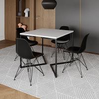 Mesa Jantar Industrial Quadrada 90Cm Branca Base V Com 4 Cadeiras Eames Eiffel Pretas Ferro Preto - 1