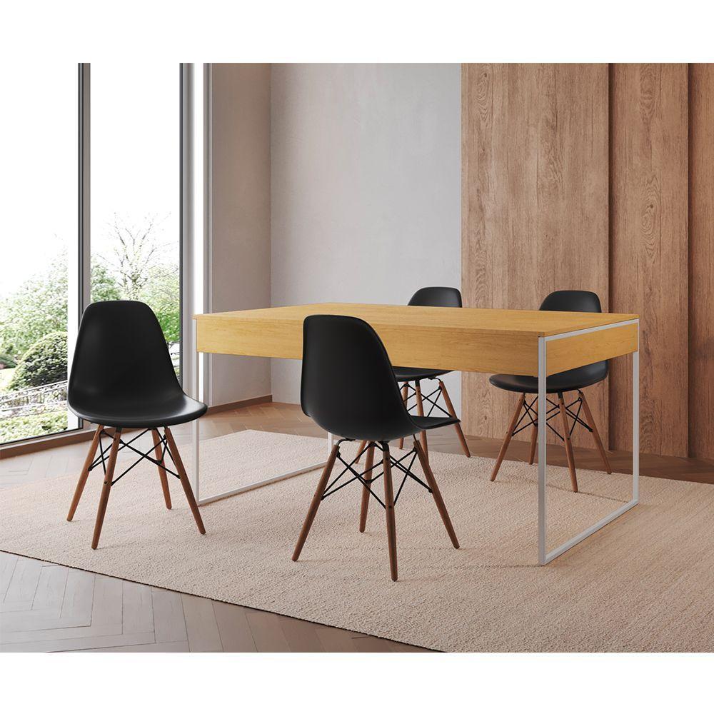 Mesa Jantar Industrial Retangular Filadélfia Canela 137X90Cm Base Ferro Branco Com 4 Cadeiras Pretas - 1