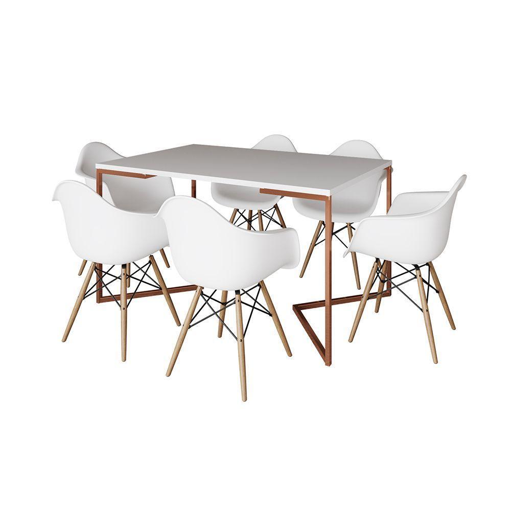 Mesa Industrial Retangular Jantar 137X90Cm Branca Base Cobre V Com 6 Poltronas Brancas Marrom - 6
