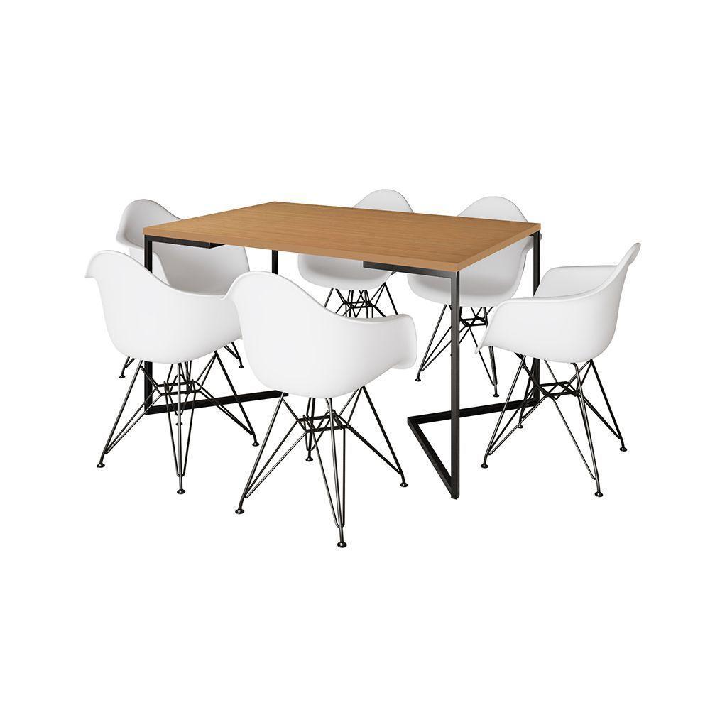Mesa Industrial Jantar Retangular Canela 137X90Cm Base V Com 6 Poltronas Brancas Ferro Marrom - 7