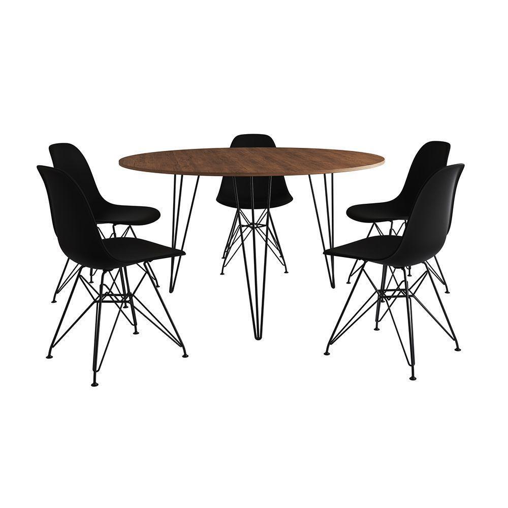 Mesa Jantar Redonda 110Cm Amêndoa Clips 3 Pés Com 5 Cadeiras Eames Eiffel Pretas Ferro Preto - 6