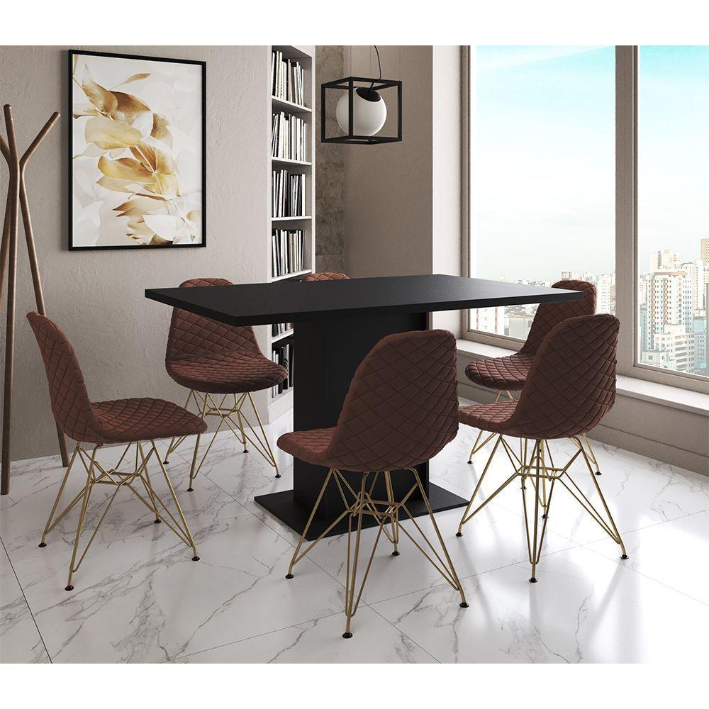 Mesa Jantar Londres Retangular Preta 137X90Cm 6 Cadeiras Estofadas Caramelo Base Dourado - 2