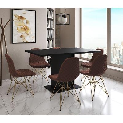 Mesa Jantar Londres Retangular Preta 137X90Cm 6 Cadeiras Estofadas Caramelo Base Dourado