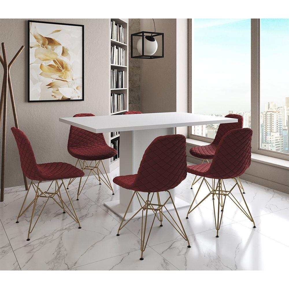 Mesa Jantar Londres Retangular Branca 137X90 6 Cadeiras Estofadas Vermelho Base Dourado - 1